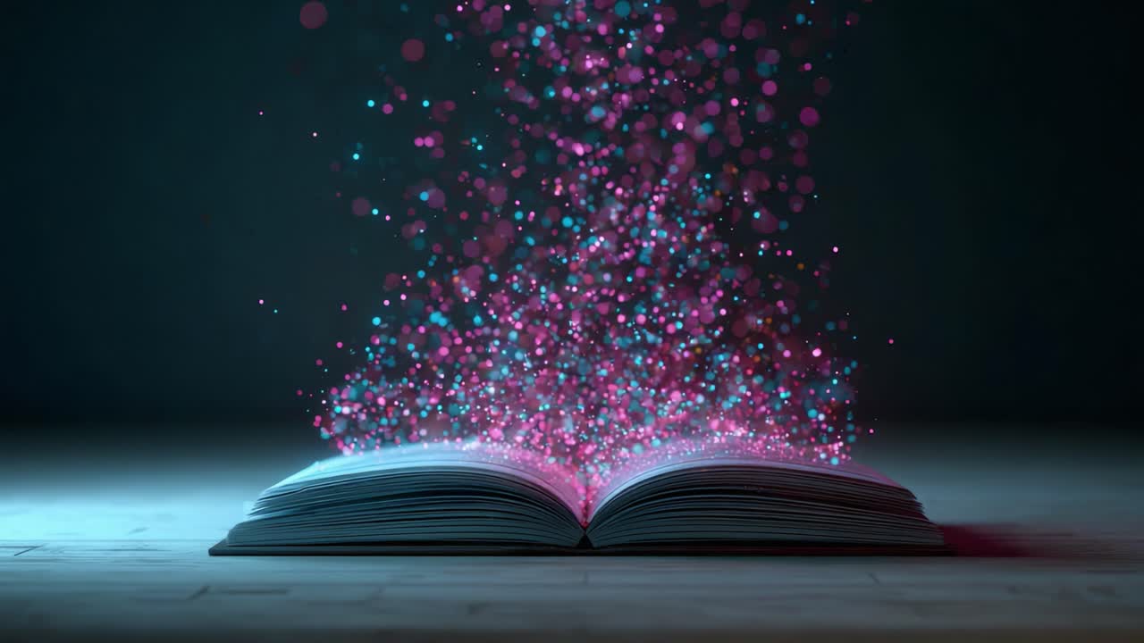 An Enigmatic Transformation: A Mystical Book Releases a Vibrant Spectacle of Colorful Particles in Two Frames, Showcasing the Journey from Imagination to Reality Through Its Enchanted Pages