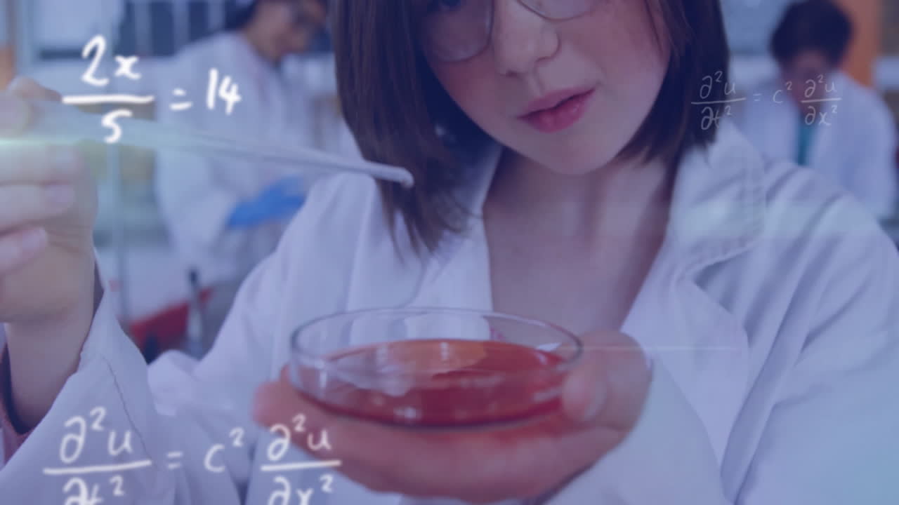 animación de ecuaciones matemáticas sobre diversos estudiantes durante la lección de química