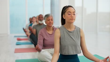 woman, coach and zen meditation in yoga class