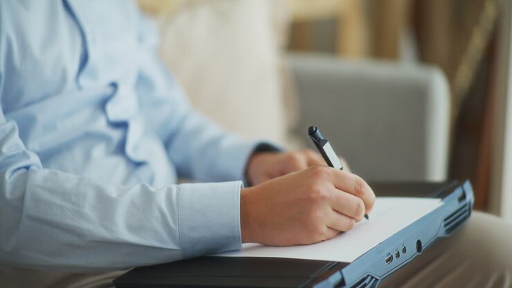 Uomo d'Affari Concentrato Prende Appunti