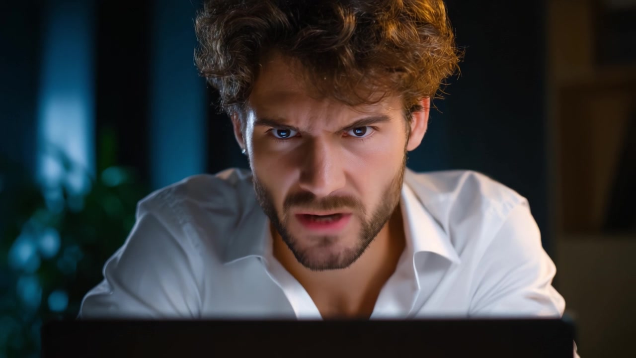 A Young Man's Intense Concentration While Focusing on His Laptop Screen, Displaying Emotion and Determination in a Dimly Lit Environment