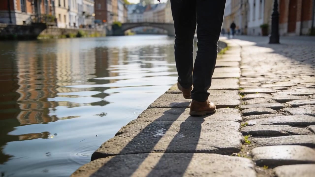 Un homme marchant, en pantalon et chaussures sombres, plongeant accidentellement le pied dans l'eau au niveau du quai, créant des ondulations qui s'étendent jusqu'au pont.