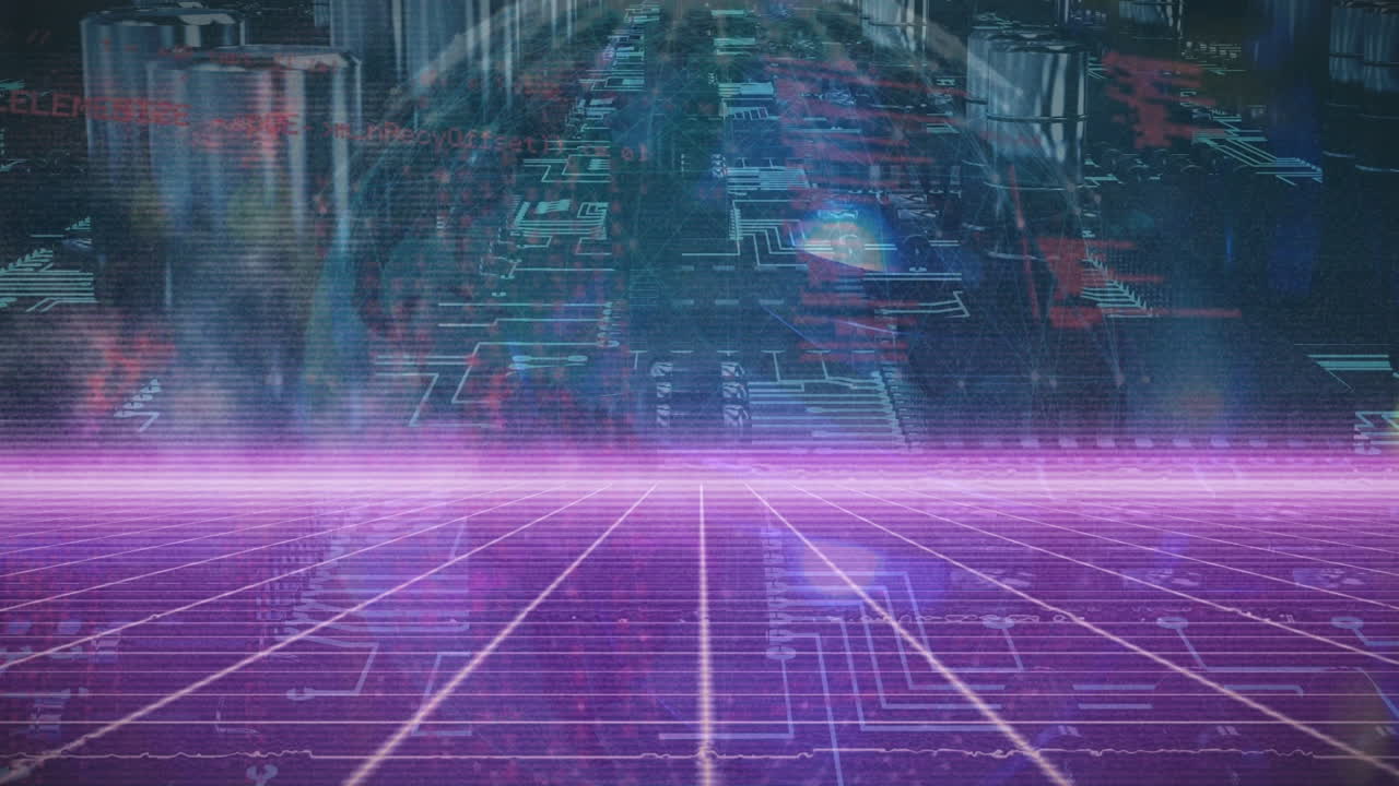 Animation of light trails and data processing over cityscape and globe