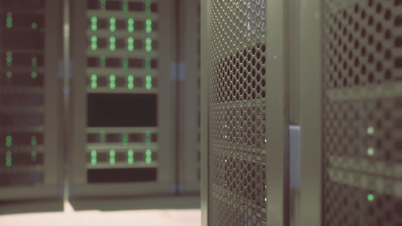 High tech server room with illuminated equipment in a data center environment