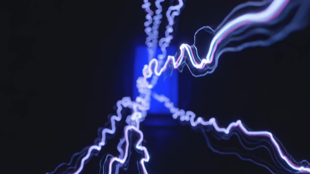 Pulsing blue panel sparking white-violet streaks forming braided ribbons toward viewer in dark room