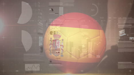 spanish flag on soccer ball with data processing animation in background