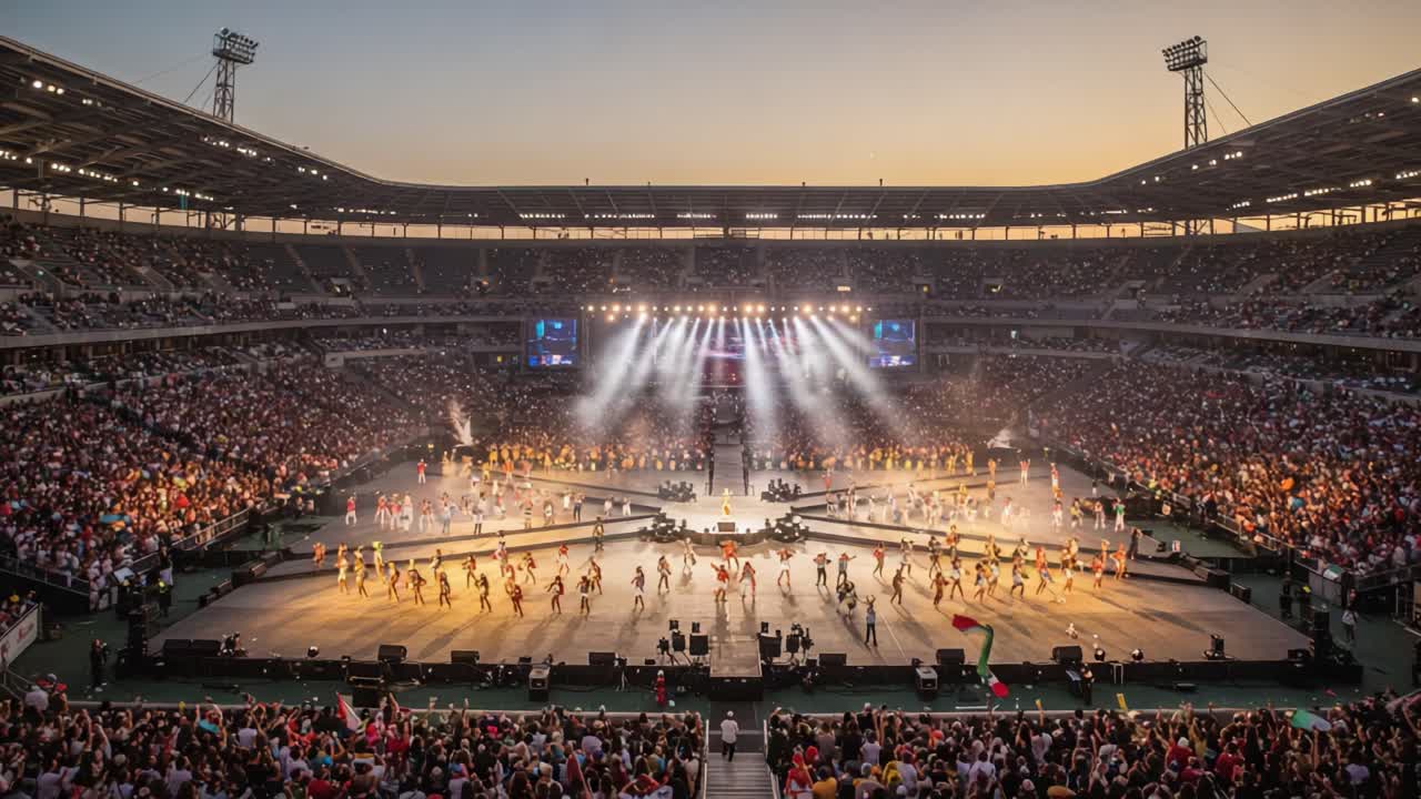 A Vibrant Celebration of Dance and Performance Unfolds at Sunset in a Packed Stadium, Showcasing Talent and Unity Among Enthusiastic Crowds