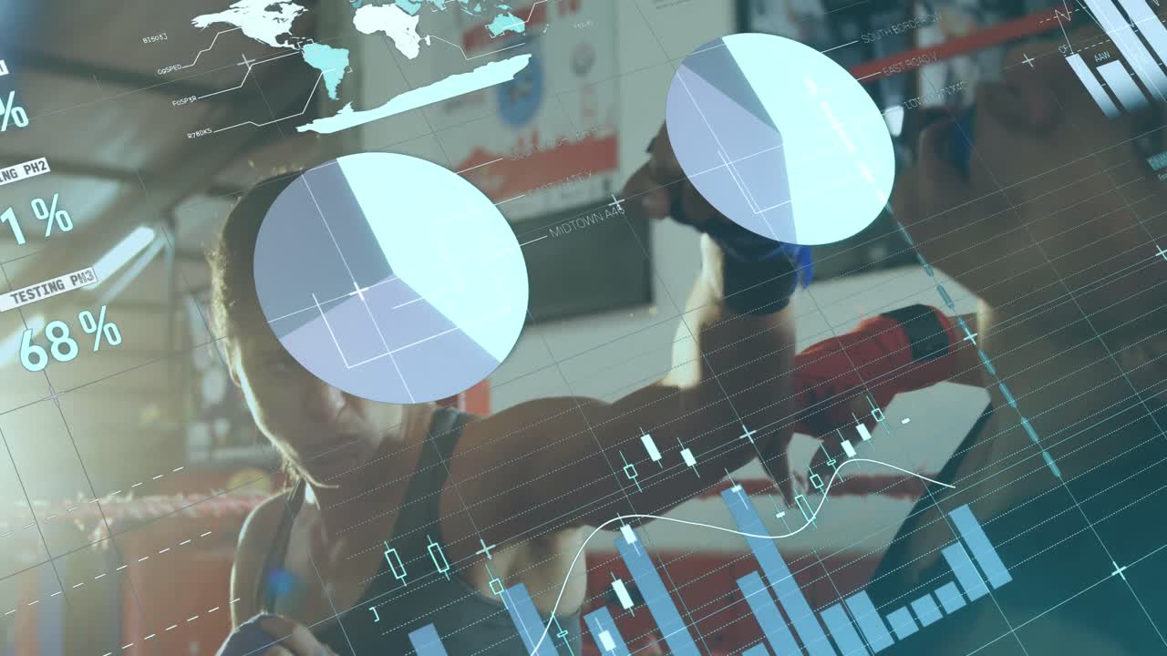 Animation of data processing over diverse people boxing at gym
