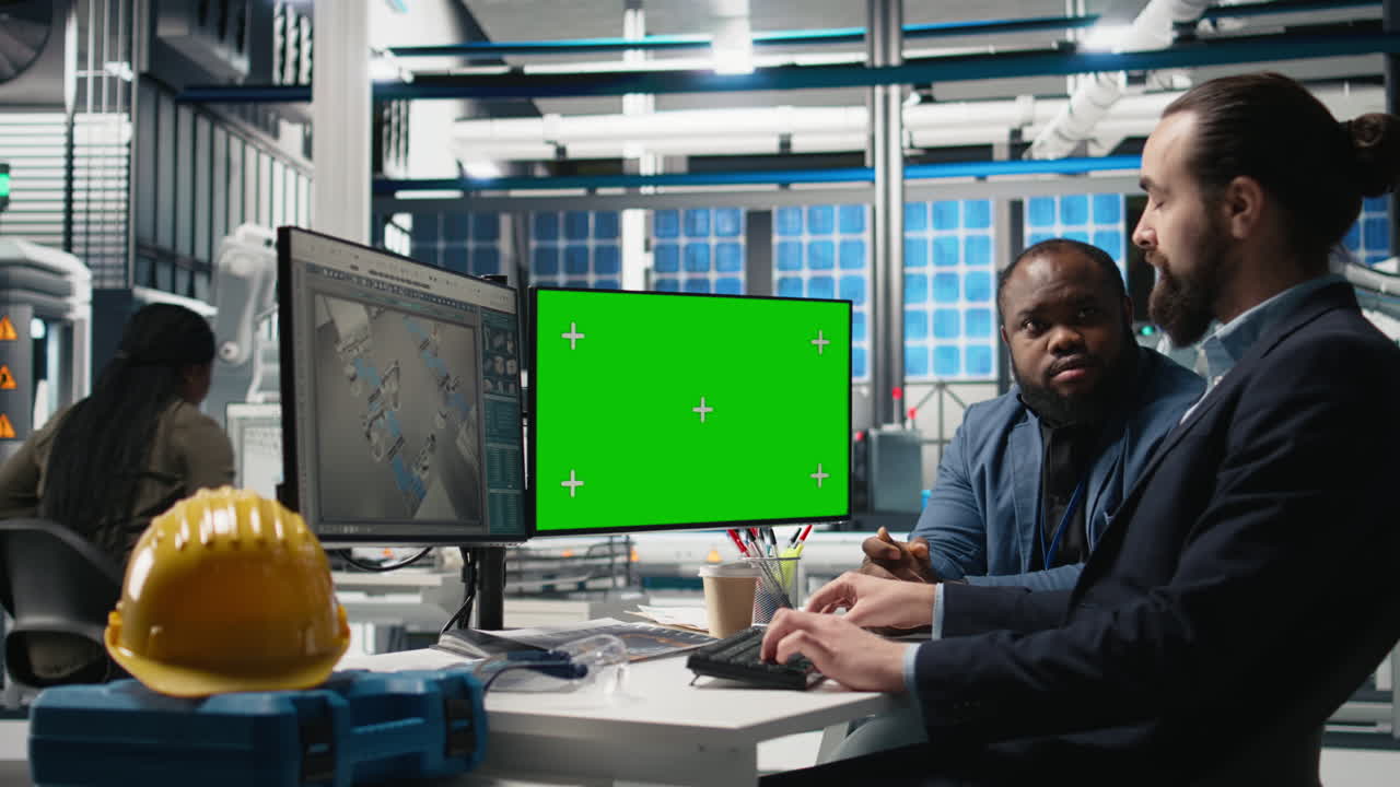 People working on a computer with green screen