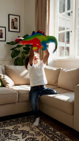 a young boy happily playing with a colorful dinosaur toy on a sofa in a sunlit living room