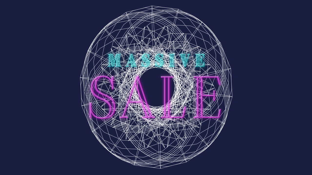 Massive sale animation with geometric wireframe circle on dark background