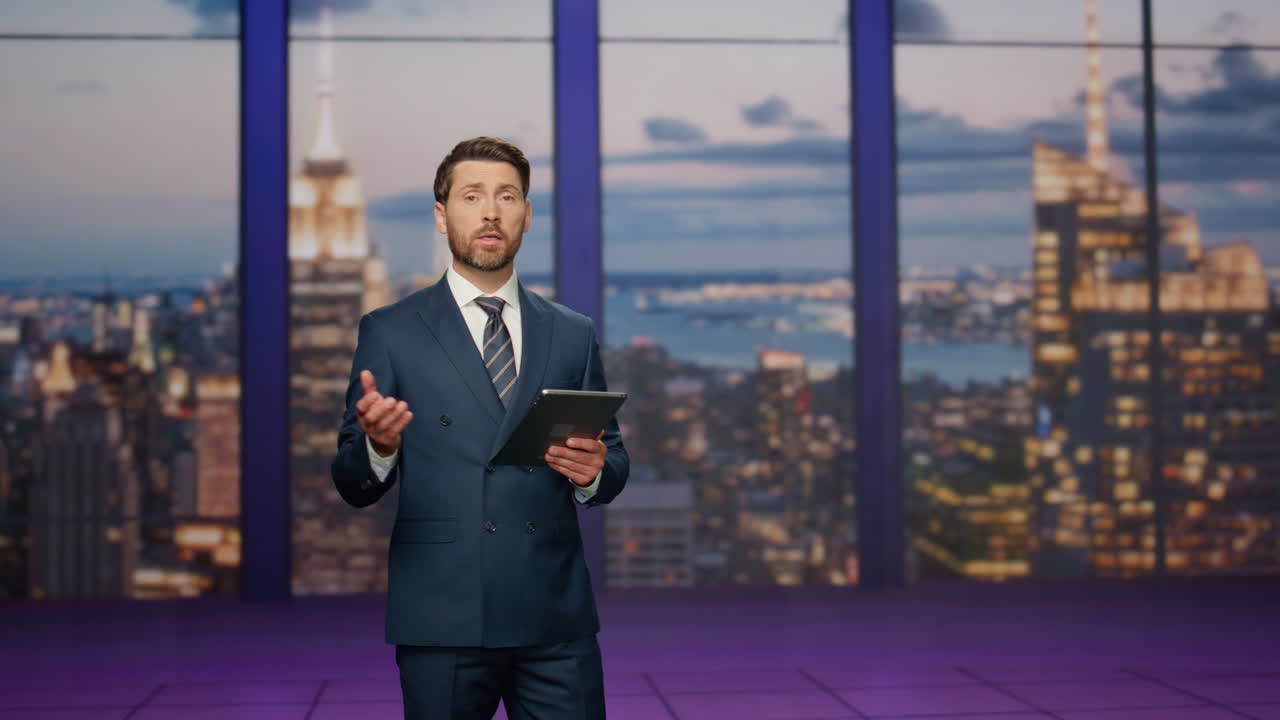 Man presenter lighting breaking news in tv studio. Newsreader hosting newscast