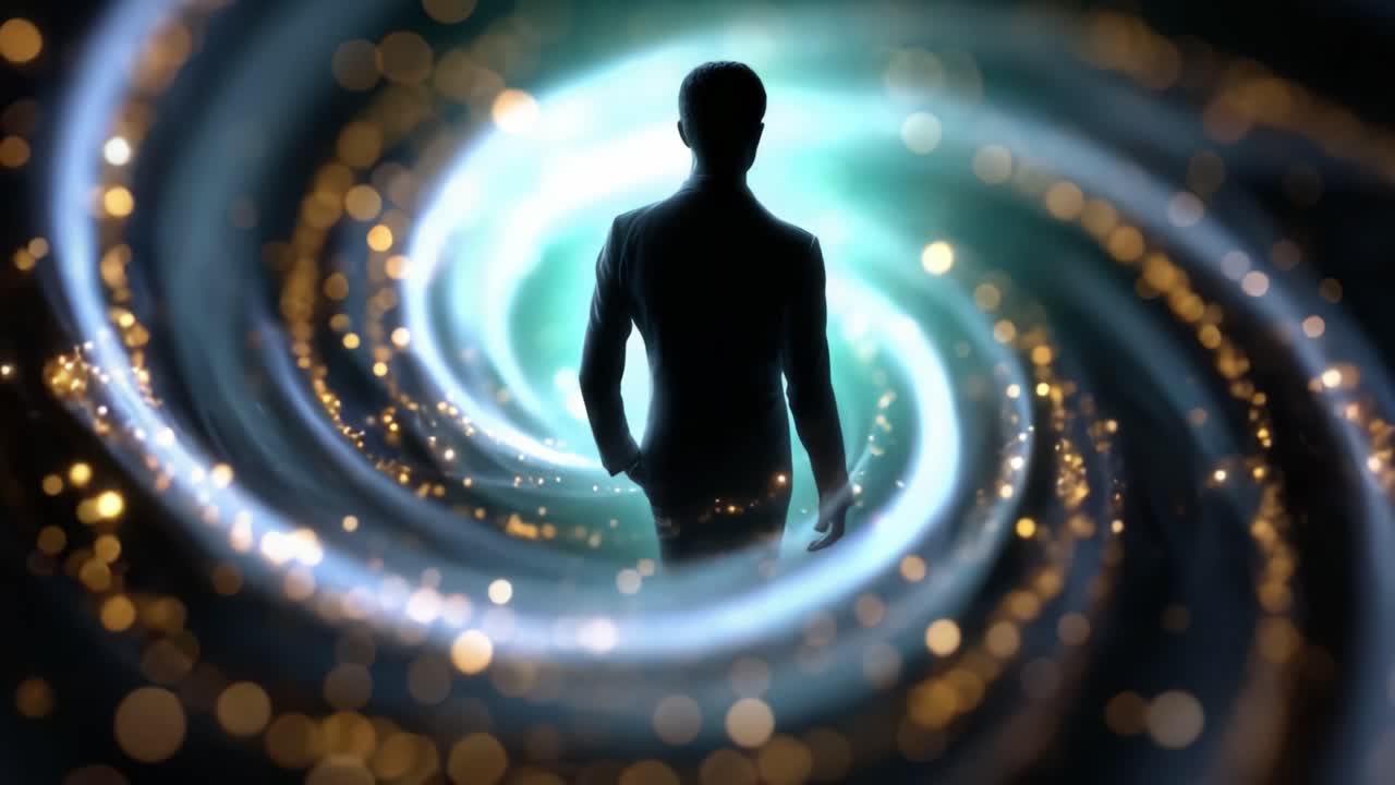 A celestial journey through a luminous vortex where an enigmatic figure stands amidst glowing particles, embodying the essence of exploration and discovery