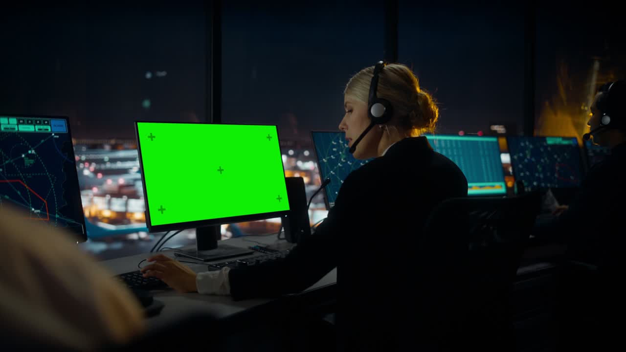 controladora de tráfico aéreo femenina con auriculares trabaja en la computadora con pantalla verde en la torre del aeropuerto. habitación de oficina con pantallas con pantallas de navegación, datos de radar de vuelo de avión para el equipo.