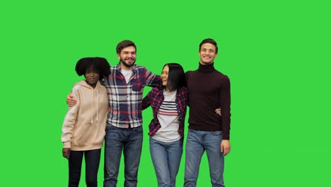 two couples of friends meeting on the street while walking on a green screen, chroma key