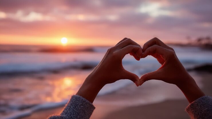 Un gesto a forma di cuore sullo sfondo di un tramonto mozzafiato sul mare, che simboleggia amore e connessione in mezzo alla bellezza naturale dell'oceano