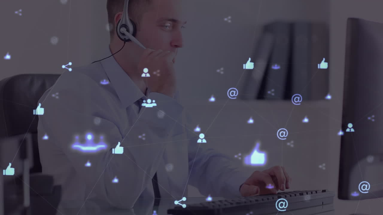 animación de la red de conexiones e iconos sobre un hombre de negocios con auriculares