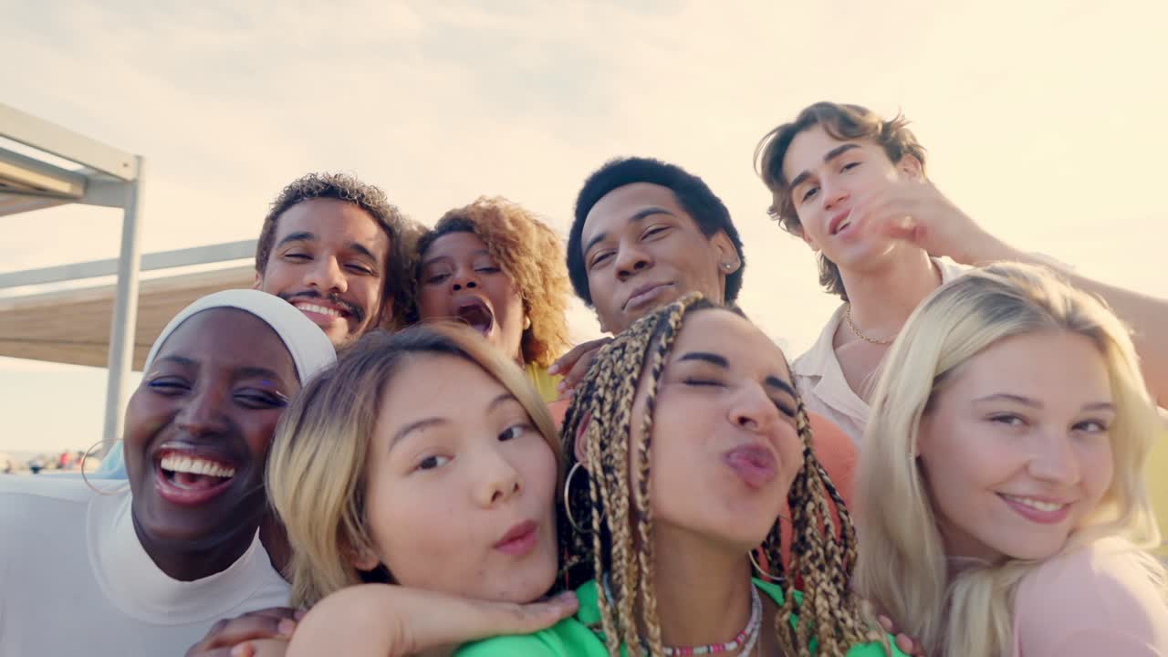 Happy latin woman taking selfie with multi-ethnic friends outdoors