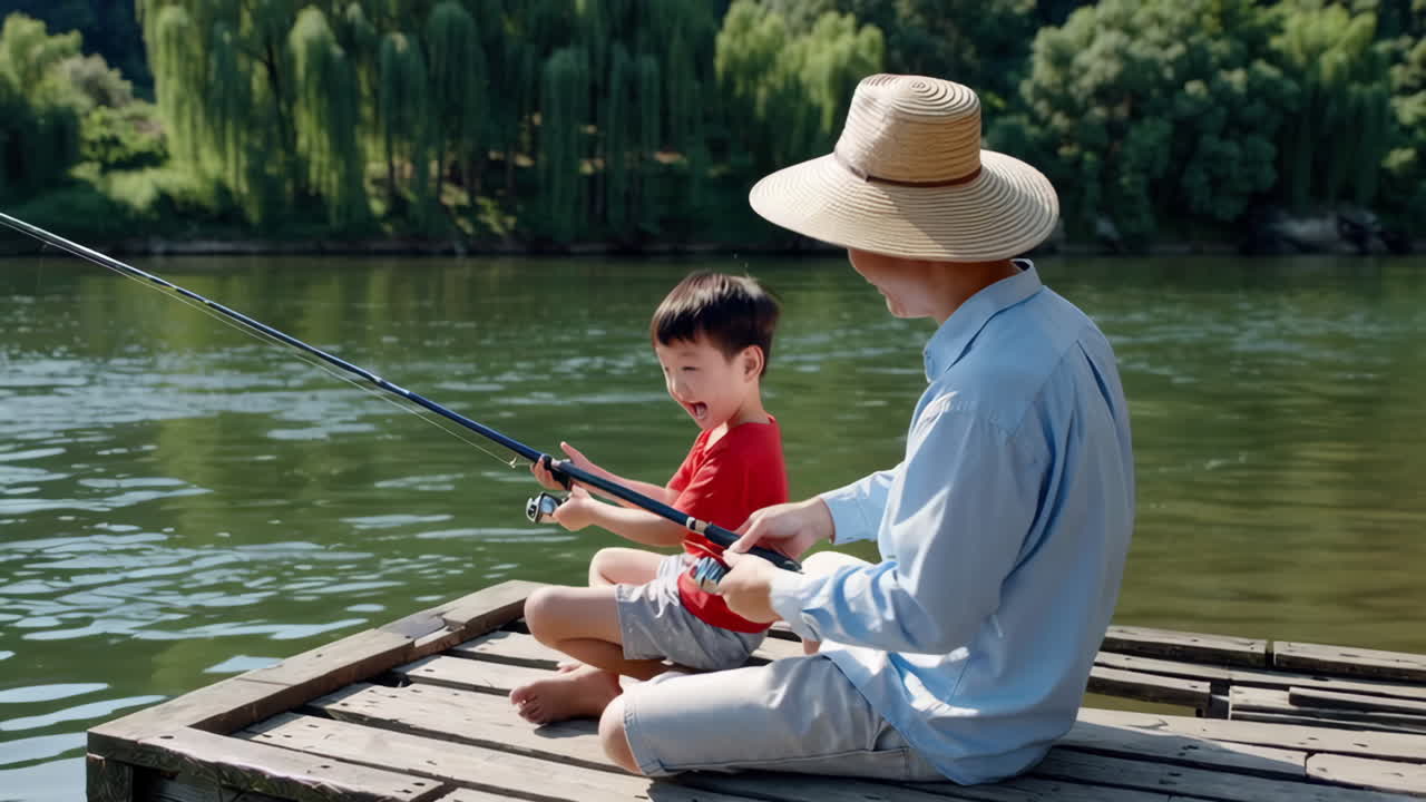 Father and son fishing together on a dock