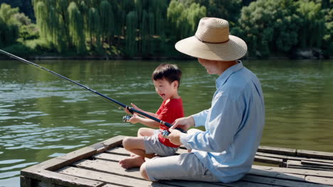 Father and son fishing together on a dock