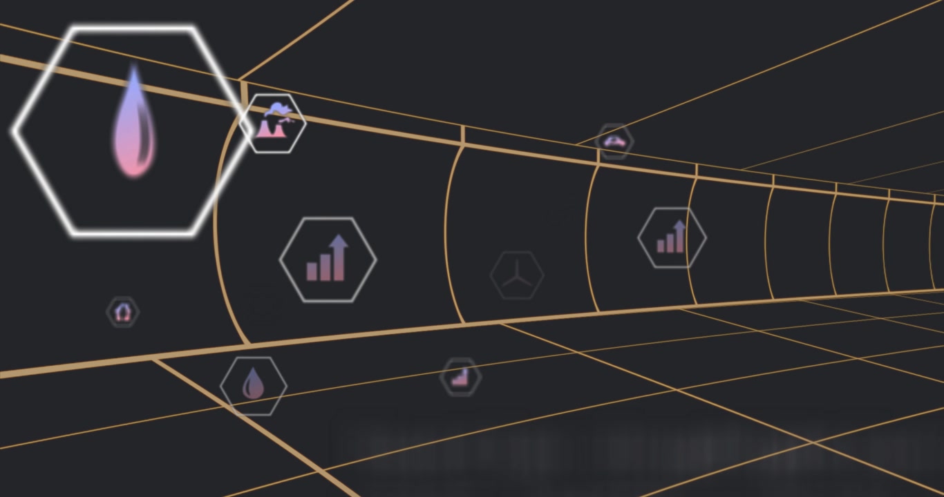 Camera moving in yellow grid tunnel, hexagon icons floating, numeric overlays showing eco data