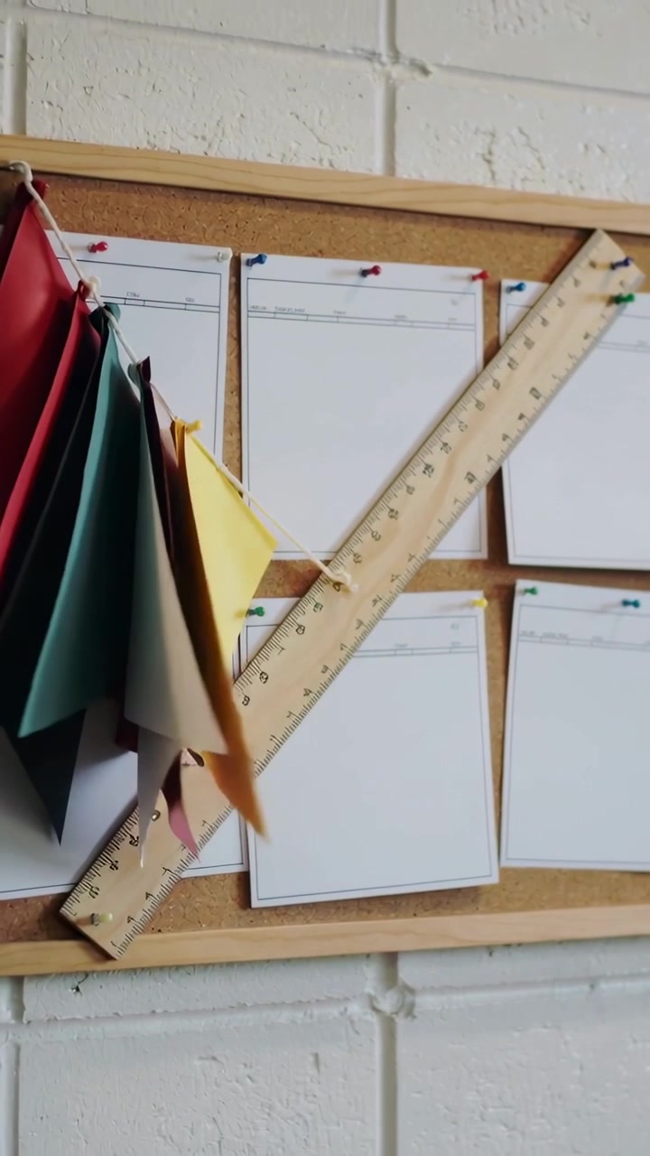 Vertical video: Panning camera showing ruler and swinging swatches on cork board at work