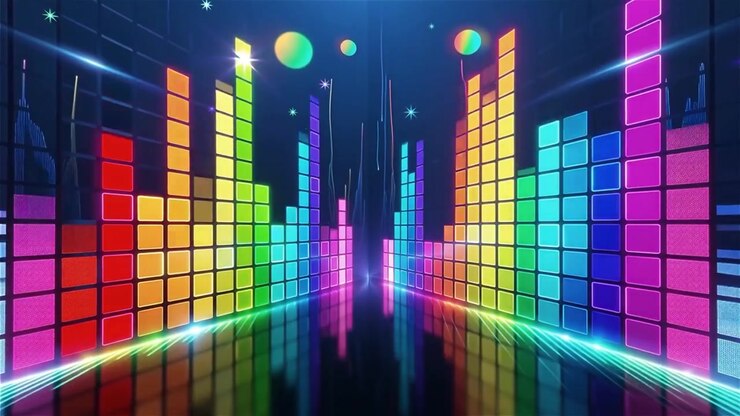 Futuristisk regnbuefarvet neon musik equalizer visualisering baggrund.