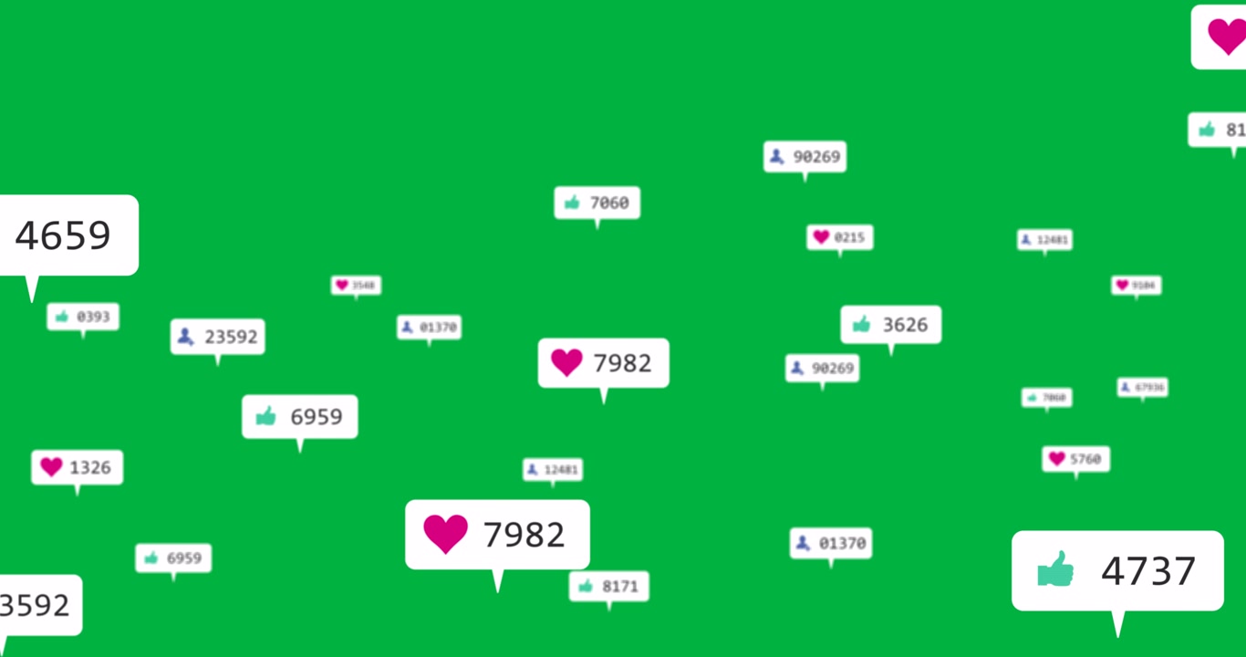 Icone di engagement per social media che fluttuano su green screen
