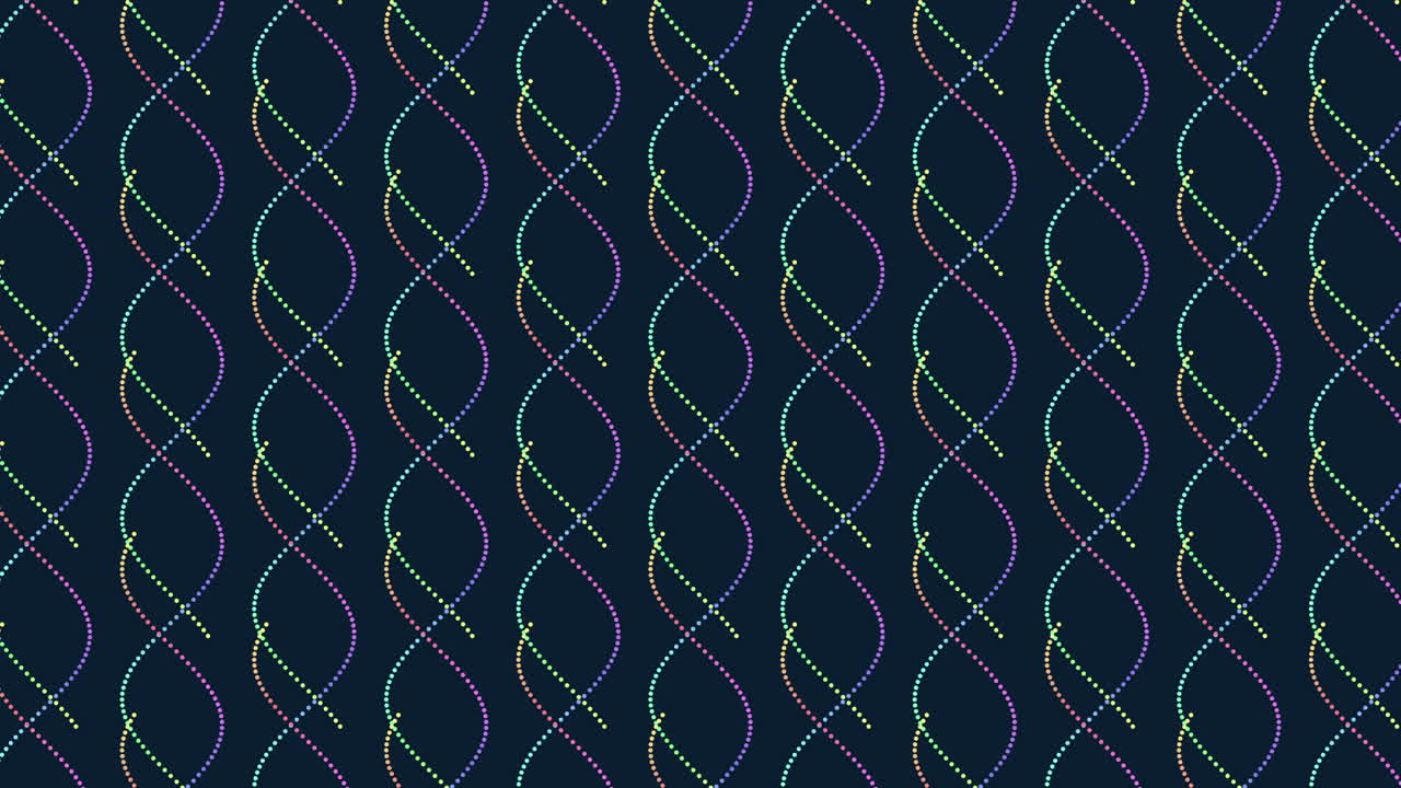 Vibrant wavy lines composed of blue, green, and purple hues form a mesmerizing pattern against a black backdrop. The colorful design creates an optical illusion of movement and fluidity