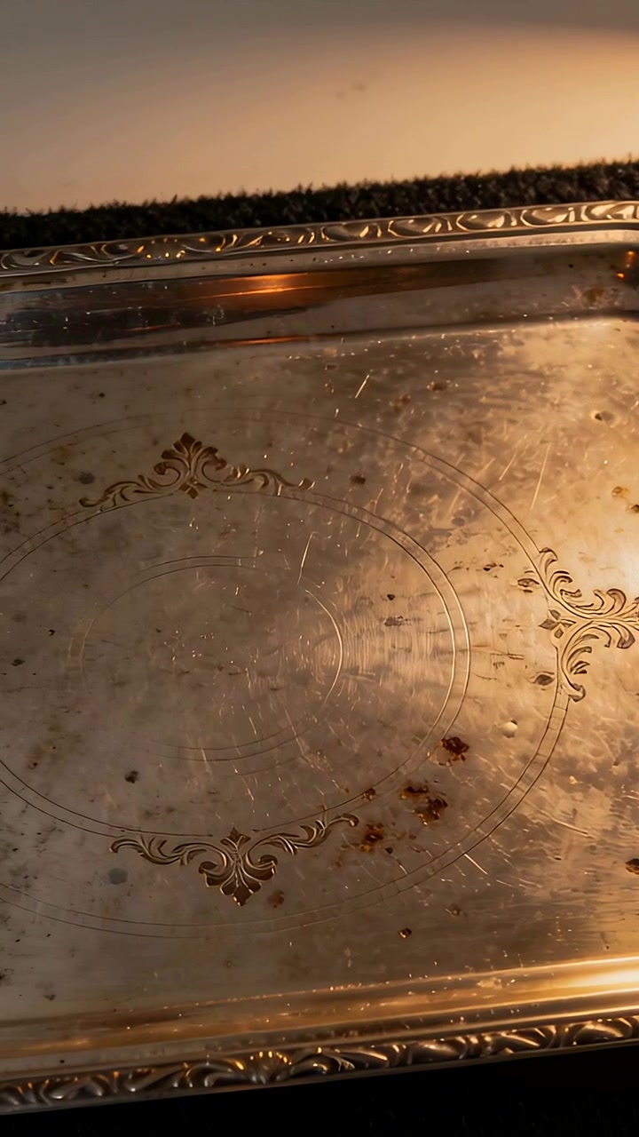 Vertical video: Panning camera documenting ornate metal tray on kitchen counter, showing residue