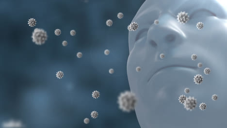 digital animation of multiple covid-19 cells floating over human face model against blue background