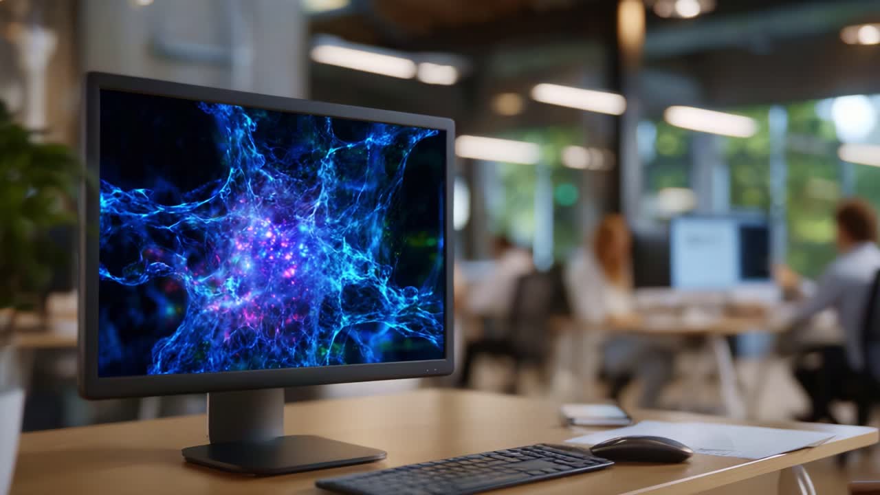 A Vibrant Display of Neural Networks on a Computer Screen in a Modern Workspace Setting with Blurred Background Elements Enhancing the Technological Atmosphere