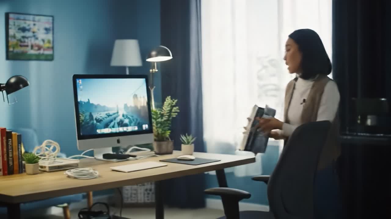 A Young Woman Engaging in a Creative Interior Workspace, Transitioning from Organizing Books to an Animated Discussion in a Cozy Office Setting