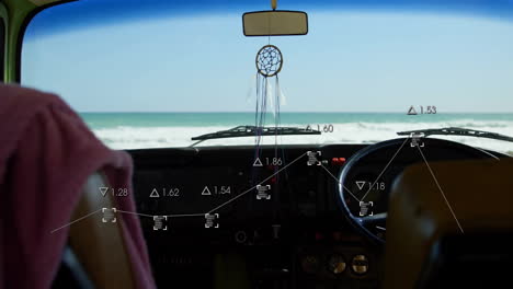 Dreamcatcher hanging in car interior with ocean view and data overlay animation