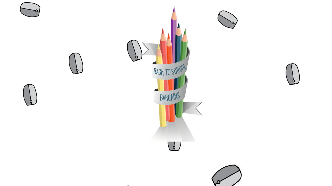animación de ratones de computadora grises que caen y de vuelta a la escuela ofertas lápices de colores, en blanco