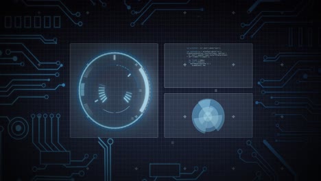 animación del escaneo del alcance, los elementos del procesador y el procesamiento de datos en pantallas sobre cuadrícula