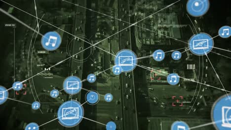 animation of network of connections with icons over cityscape