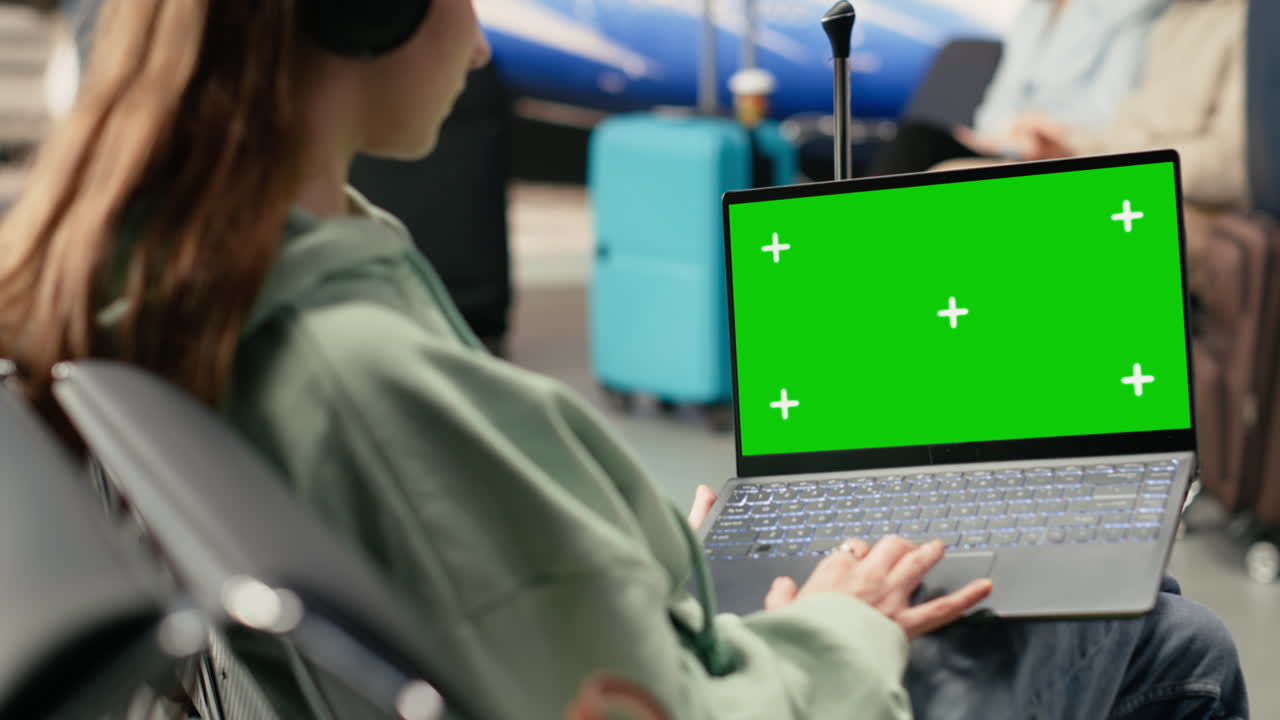 Young Woman Using Green Screen Laptop with Headphones at Airport