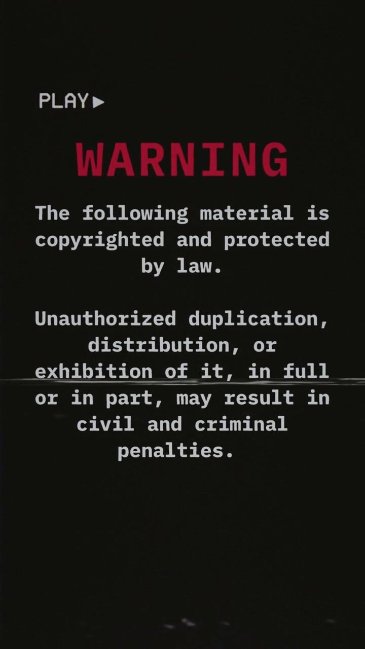 Retro VHS copyright warning screen with glitching red text on black. Vertical analog title card warns of unauthorized duplication penalties for thriller and nostalgic media projects.