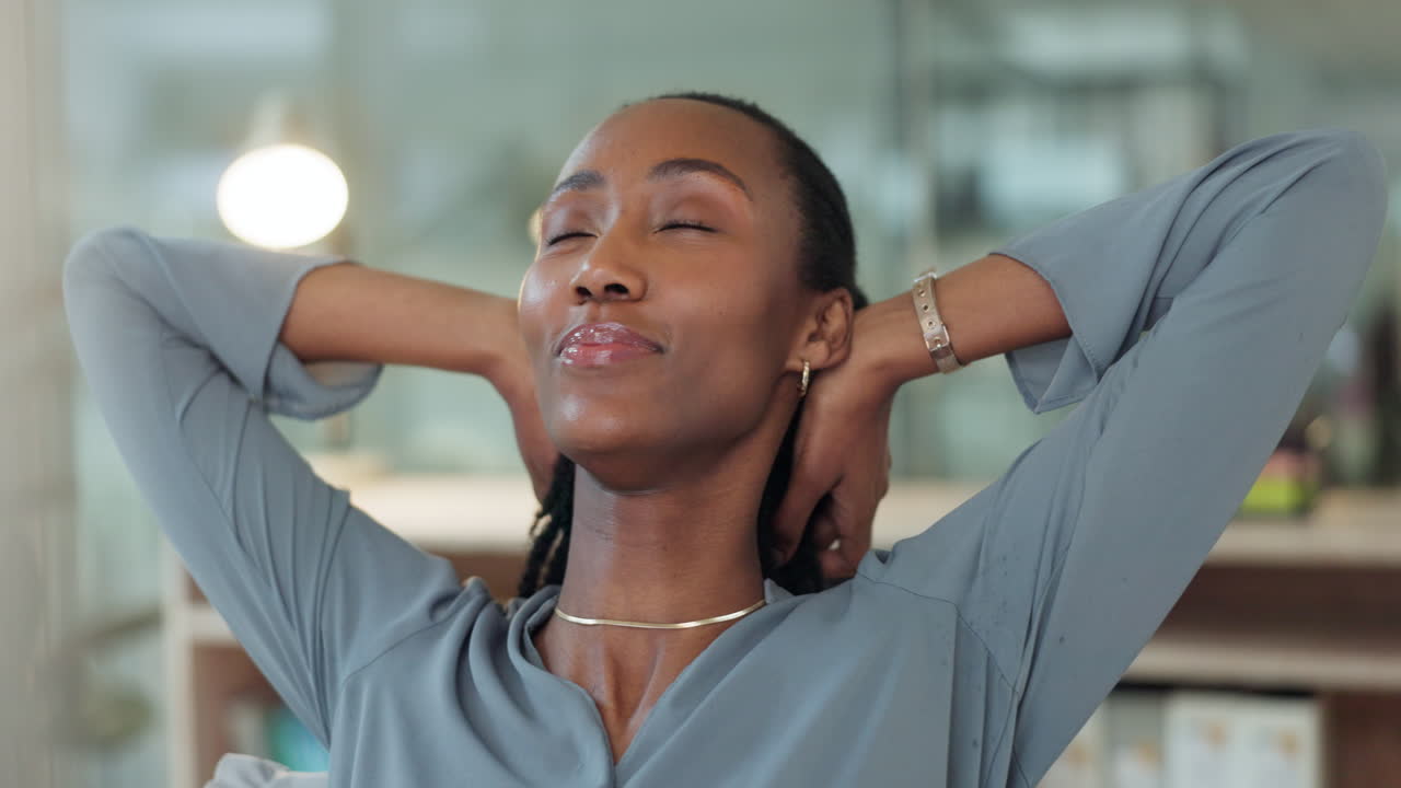 Business, woman and stretching to relax in office