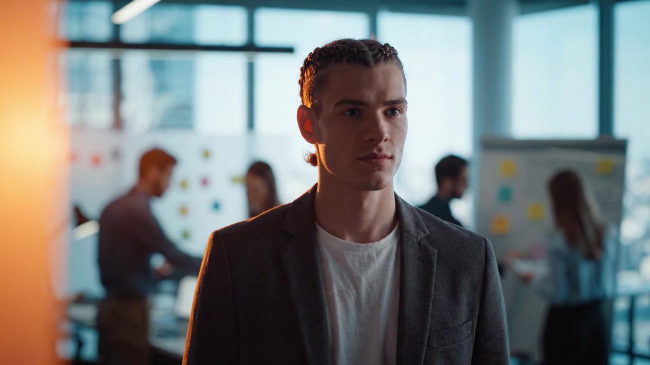 A Focused Businessman in a Modern Office Setting, Exuding Confidence and Professionalism as He Engages with Team Members in a Collaborative Environment