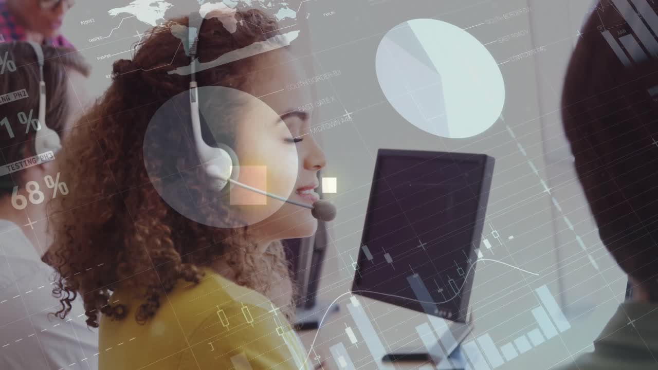 Animation of financial graphs and data over happy biracial call center worker