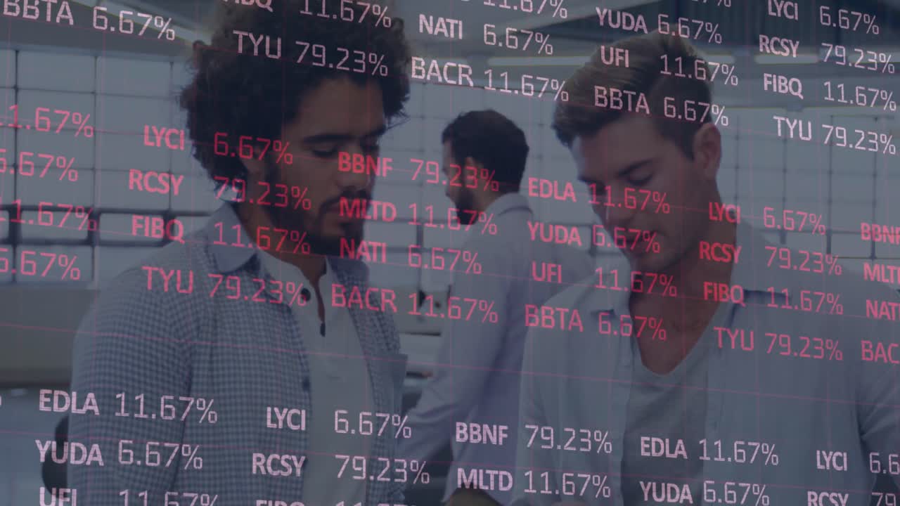 Animation of financial data processing over diverse business people thinking in modern office