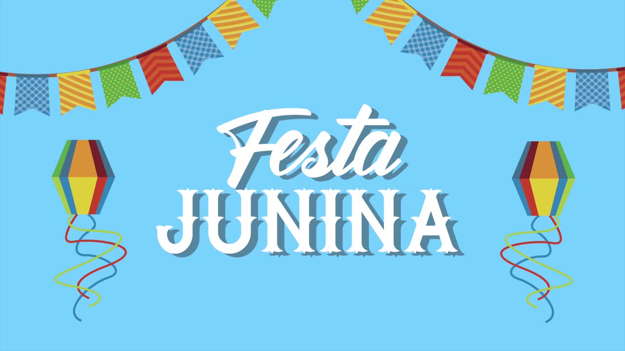 animación de letras de festa junina con cometas y guirnaldas