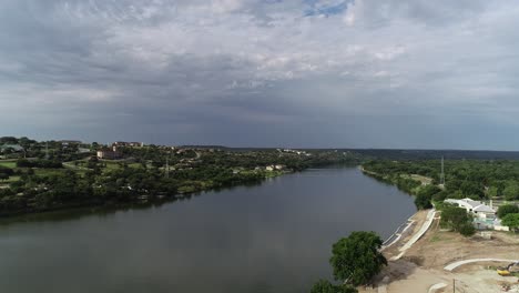 Aerial-drone-flight-over-the-lake-in-Marble-Falls-Texas