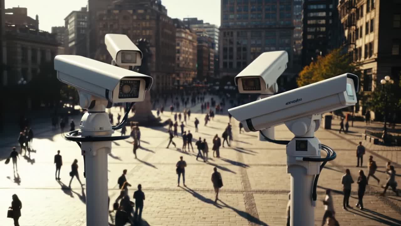 Cámaras de vigilancia supervisan una plaza pública: Una mirada a la intersección de la tecnología y la vida urbana, capturando momentos de actividad diaria en un entorno de ciudad moderna.