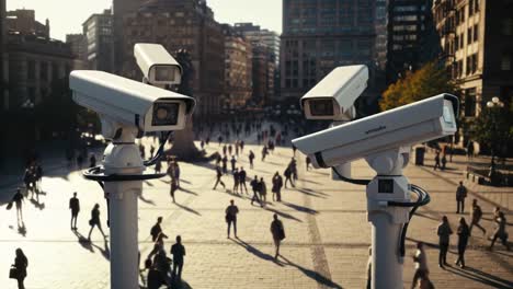 surveillance cameras oversee public square: a glimpse into the intersection of technology and urban life, capturing moments of daily activity in a modern city environment