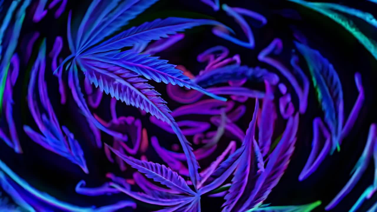 Vista dall'alto di foglie di cannabis verde neon che turbinano su uno sfondo nero