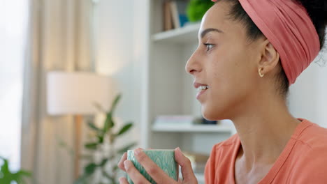 black woman, coffee and relax on bed in bedroom