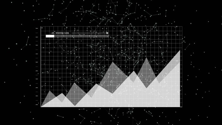 Animation of graph interface processing data over moving networks on black background